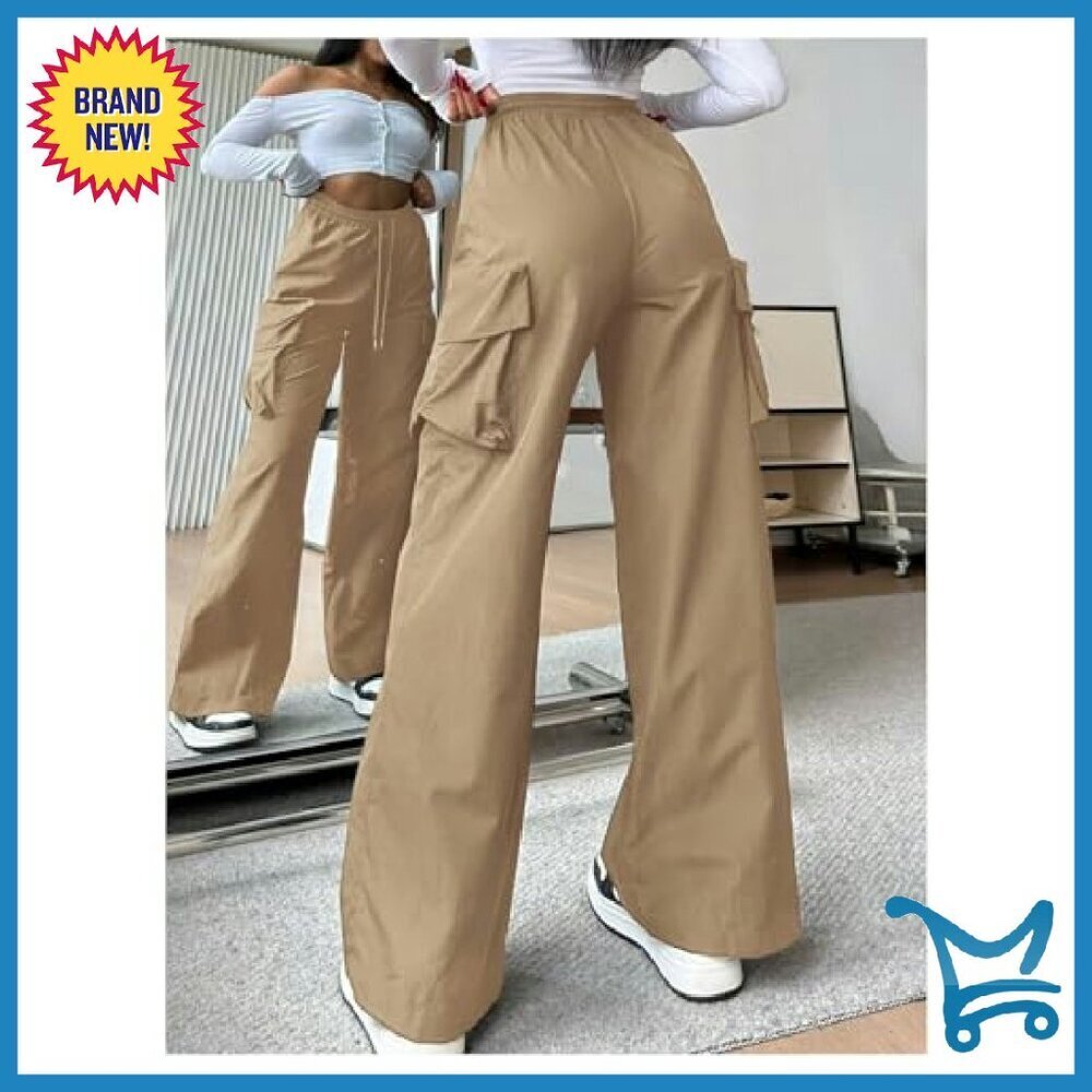 Women's Cargo Pants High Waist Wide Leg Drawstring Casual Streetwear - Picture 3 of 6